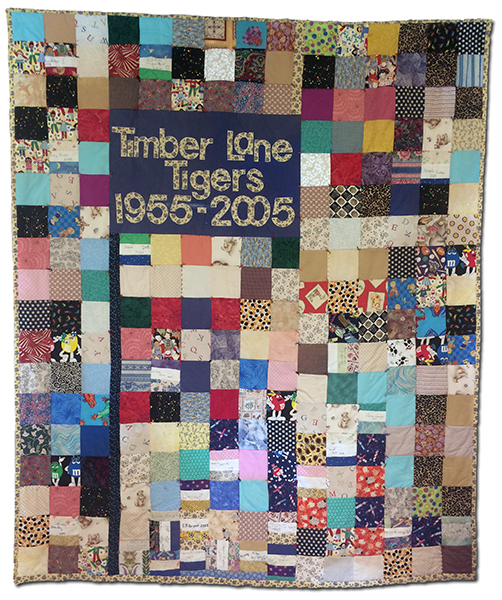 Photograph of the 50th anniversary quilt that hangs in the main office at Timber Lane Elementary School. The patchwork quilt is approximately six feet tall by five feet wide. The quilt is made up of some 246 small fabric squares. Near the top left corner is a blue flag with the words Timber Lane Tigers, 1955-2005 sewn onto it.  