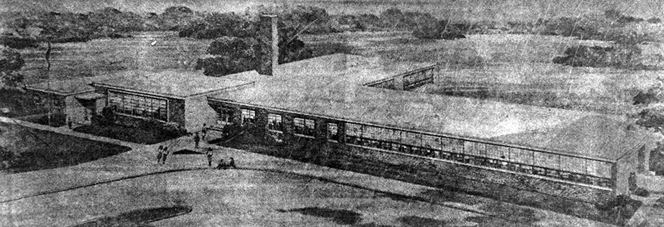 Black and white concept illustration of Timber Lane Elementary School, published in the Sun-Echo Newspaper, Falls Church, Virginia, on September 2, 1955. The building is 'L' shaped and the main entrance is a different part of the building.  